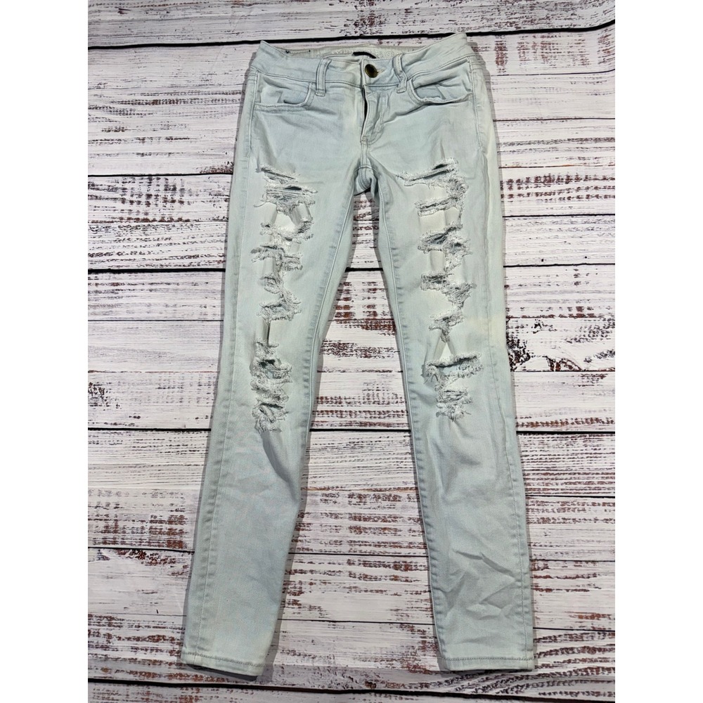 American Eagle Super Stretch Distressed Skinny Jeans Light Wash 004 Short Womens